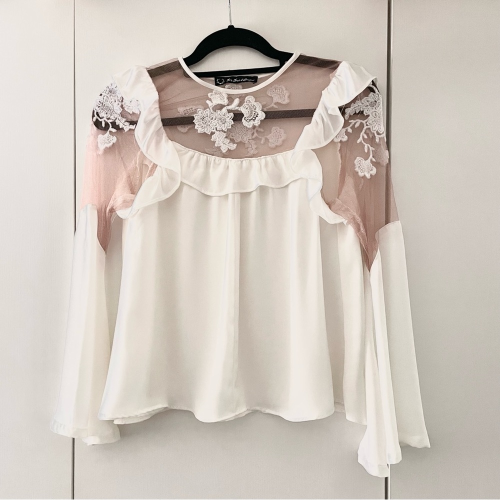 NWOT FOR LOVE & LEMONS White Floral Nude Mesh Ruffle Shirt Top Sample READ DESC.